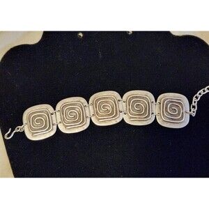 Silver Tone Spiral Panel Bracelet Art Deco Style Link Statement 7”